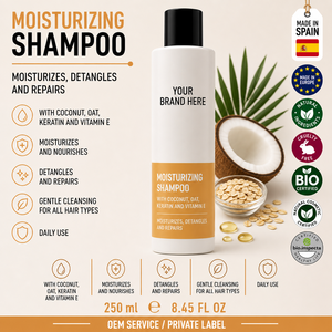 Champú de Coco, Avena y Queratina de Marca Privada 250ml OEM |   Champú Humectante, Desenredante y Reparador para el Cuidado del Cabello |   España UE - Product Image 1