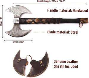 Double-Head Damascus Steel <b>Axe</b> with Wooden Handle <b>Viking</b> Camping <b>Axe</b> - Product Image 2