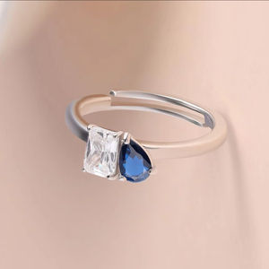 Meilleure qualité Bague réglable en argent sterling 925 Toi Et Moi Design Moissanite Diamant Bleu Saphir Tendance Anniversaire Laiton - Product Image 2