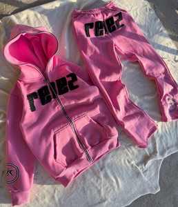 Conjunto de Sudadera con Capucha y Pantalones Deportivos con Estampado Gráfico de Lujo en Rojo y Blanco, Estilo Urbano, Corte Holgado - Product Image 5