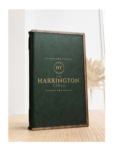 Porte-menu en bois sur mesure avec reliure à anneaux pour café, bar et restaurant, couverture de menu en cuir vert foncé - Product Image 1