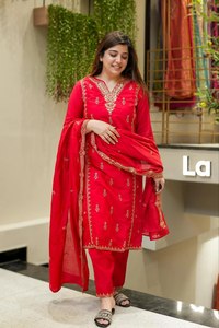 WOMEN CHANDERI SILK SALWAR KAMEEZ SET with EMBROIDERY and SEQUINS Quick Dry All Seasons for PARTY - Product Image 2