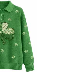 Pull en tricot à col polo vert pour femmes avec broderie de trèfle Manches longues Doux Chaud Décontracté Pull d'hiver pour la vente en gros - Product Image 3