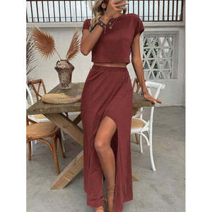 Conjunto de Dos Piezas para Mujer: Blusa Corta de Viscosa con Cuello Redondo y Falda Larga, 37763 - Naranja - Product Image 1