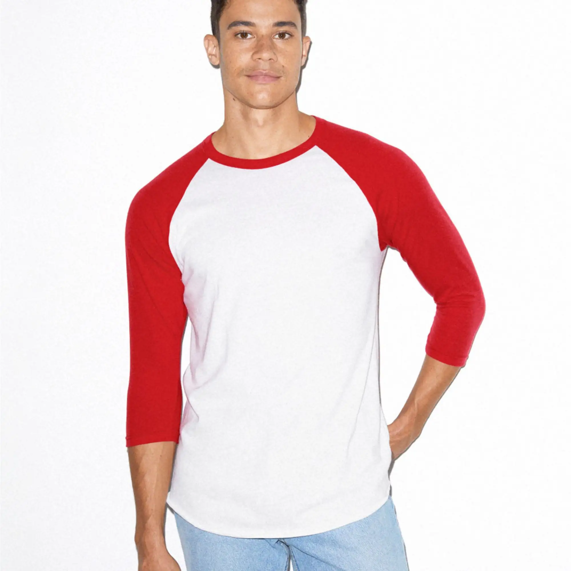 Ультрамягкое 50% хлопок 50% полиэстер 200 gsm Slim Fit Легкий, белый и красный цвет, с рукавами реглан 3/4 футболка с длинными рукавами