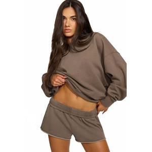 Ensemble short plissé et sweat-shirt décontracté pour femme, uni, au-dessus du genou, respirant, élégant, deux pièces, tendance pour tenue - Product Image 1