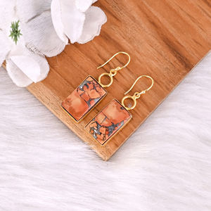 Handmade Classic Style Gold Plated Brass <b>Earring</b> Malinga Jasper Gemstone Dangle <b>Earring</b> <b>Long</b> Oval <b>Earring</b> Wholesale Manufacturer - Product Image 3