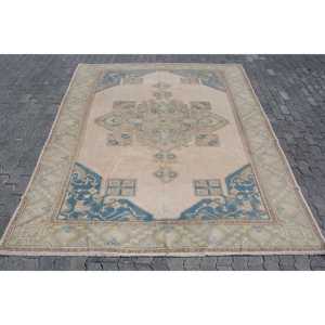 Alfombra Turca Vintage Ecológica de 7.7x9.7 pies, Alfombra de Lana Azul con Diseño de Patchwork y Base de Látex - Product Image 1