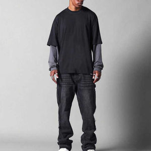 OEM 2026 Cotton Ripped Double Layer Long Waffle Sleeve Top Distressed Stone Acid Wash Screen Print T-Shirt for <b>men</b> - Product Image 1