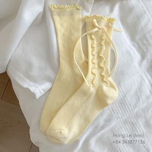 Calcetines de Mujer a Cuadros con Logotipo Personalizado al por Mayor, 100% Algodón, Tejidos, Bonitos, con Encaje, para Pilates, Yoga, Antideslizantes, Transpirables, para Uso Diario - Product Image 5