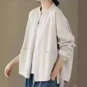 Printemps Automne Nouvelle Couleur Unie Simple Col Montant Manches Longues Vintage Loose-fit Cropped Veste Femmes Haut En Cuir - Product Image 4