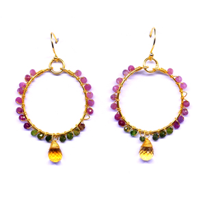 Hanging Gold Plated 925 Sterling Silver Citrine Multi Color Gemstones Classic Wedding Wear Hoop Earrings - Product Image 2