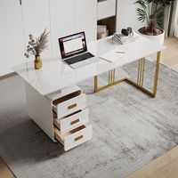 Meuble de bureau de luxe, bureau de travail avec tiroirs et cadre en acier inoxydable doré, plateau en verre, table de travail pour ordinateur
