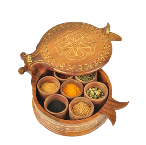 Rounded Elegant Acacia Wooden Spice <b>Box</b> Organizer Classic Lid Masala Dani Containers Premium Storage Masala <b>Box</b> - Product Image 6