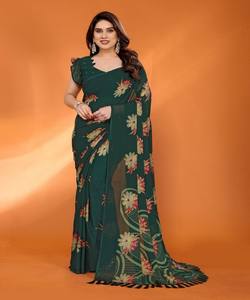 Lo último en Saree estampado de lámina de gasa con blusa descosida para fiesta precio al por mayor prenda étnica verde oscuro - Product Image 1