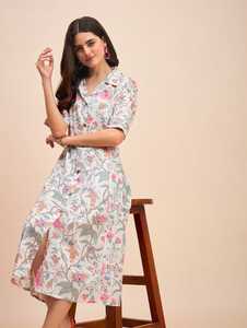 Women's Floral Print A-Line <b>Shirt</b> <b>Dress</b> 100% Cotton Blend Calf Length Western <b>Dress</b> for Spring Casual Party Embroidered - Product Image 2