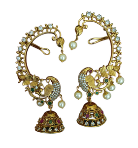 Pendientes elegantes de templo tradicional de diseñador con Jhumka y gotas de perlas | Joyería india de piedra CZ chapada en oro para mujer - Product Image 1