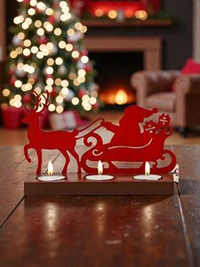 Portavelas de Metal Rojo y Negro con Base de Madera para 3 Velas, Decoración Navideña para Mesa - Product Image 3