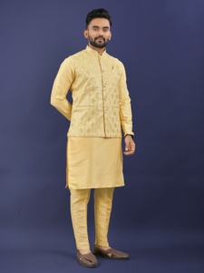 Heavy Designer Pure Silk Mirror Work Jacket Kurta Pijama Set - Product Image 3