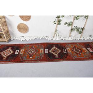 2.7x11.1 ft <b>Runner</b> Vintage Rug, Turkish Rug, <b>Red</b> Beige Animal Print Wool Rug - Product Image 3