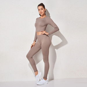 Aoyema, conjunto de Yoga de manga larga sin costuras para mujer, ropa de Fitness, ropa de entrenamiento de gimnasio, ropa deportiva de ejercicio de patrón sólido, ropa de gimnasio - Product Image 6