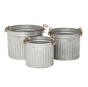 Ribbed Galvanized <b>Metal</b> <b>Bucket</b> Planter Set with Handles Rustic Flower Pots for Home Garden Wholesale - Product Image 1