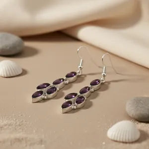 Boucles d'oreilles pendantes en argent 925 avec pierre précieuse améthyste, style religieux tendance et classique, matériau principal en platine pour femmes et cadeaux - Product Image 2