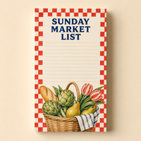Bloc-notes personnalisé LABON pour le marché du dimanche, papier vieilli crème, bordure à carreaux rouges et blancs, motif panier aquarelle, tulipes, artichauts, poires