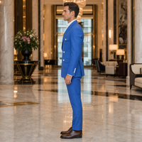 Jas Pria Biru Royal Double Breasted Peak Lapel Enam Kancing Houndstooth Chest Tab Slim Fit untuk Bisnis dan Pernikahan Custom