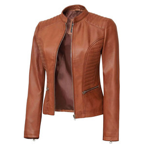 Women's Brown Quilted Faux Lambskin Leather Bomber Motorcycle Jacket <b>Zipper</b> Closure Breathable Regular Fit Customizable (XXS) - Product Image 5