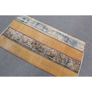 2.5x4.4 ft Rug, Vintage Turkish Rug, <b>Yellow</b> Check <b>Wool</b> Rug - Product Image 3