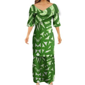 Vestido Maxi tribal polinesio indio hecho a mano con volantes y cuello en V, conjunto de falda y top de Puletasi, traje de fiesta para mujer - Product Image 4