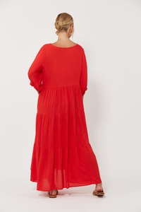 Último vestido maxi de manga larga bohemio rojo, vacaciones de verano, cuello en V suelto con bolsillo, manga larga, rayón, vestido Maxi informal para mujer - Product Image 2