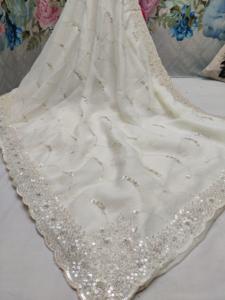 Saree en georgette pure avec bordure de séquence WHITE CODING JALL party wear - Product Image 5