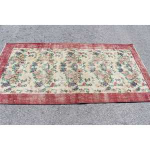 Tapis turc 3,7x7,2 pieds, tapis en laine rouge et blanc à bordures - Product Image 3