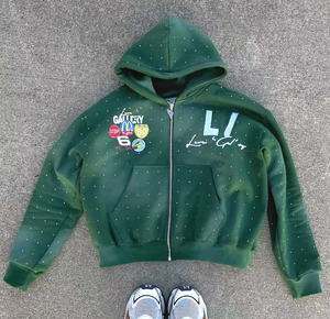 Vente en gros, sweats à capuche personnalisés pour hommes, 450GSM, patch de broderie délavé à l'acide, sweats à capuche zippés en strass, streetwear pour hommes - Product Image 2