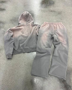 Custom Heavyweight Oversized Acid Wash Screen Printing Sleeve Embroidery Rhinestone Distressed Sweatpants Jogger Tracksuit Set - Product Image 6