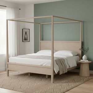 Luxury Mahogany Solid <b>Canopy</b> Queen Bed Frame Scandinavian Minimalist Design Customizable Eco-Friendly Durable for Modern <b>Bedroom</b> - Product Image 1