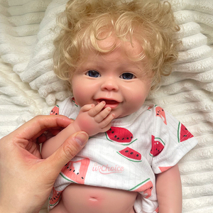 Muñeca Bebé Reborn <span class=keywords><strong>de</strong></span> Silicona con Cabello Rubio Rizado <span class=keywords><strong>de</strong></span> 18 Pulgadas, Boca Abierta Sonriente, <span class=keywords><strong>Ojos</strong></span> <span class=keywords><strong>Azules</strong></span> y Extremidades Suaves - Product Image 5