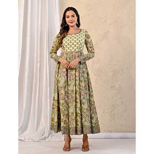 Grey Jaal Printed Cotton Anarkali <b>Dress</b> Casual <b>Boho</b> Style Breathable Free Size <b>for</b> <b>Wedding</b> Parties and Guests - Product Image 3