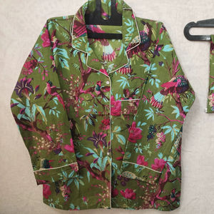 Green Bird Print Cotton Pajama Set Breathable Comfortable Nightwear for Women <b>Sexy</b> Indian Gift for Bridesmaids Lounging Soft <b>PJs</b> - Product Image 1