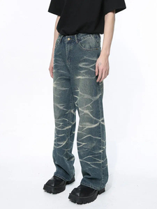 Jeans en denim délavé à la mode, taille mi-haute, coupe droite, effet usé, streetwear personnalisé, décontracté, ample, jeans lavés, vente en gros d'usine - Product Image 2