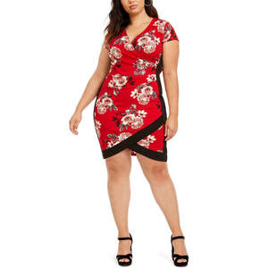 Abito Corto da Donna Almost Famous con Scollo a V, Maniche Corte e Stampa Floreale Rossa, Taglia 2X, Vita Naturale, Lavabile - Product Image 1