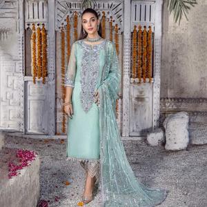 Vestido Punjabi de Salwar Kameez de seda bordado azul claro hecho a mano de la colección India pakistaní - Product Image 6