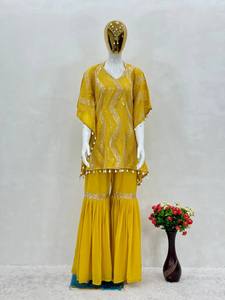 Traje Sharara occidental de color amarillo con función Haldi especial de alta calidad en tela de imitación Georgette con bordado y trabajo de láser Kodi - Product Image 6