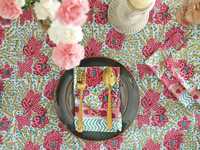 Nappe en coton imprimé bloc floral rose vert couverture de table indienne ensemble de linge de table fait main décor de table de mariage
