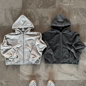 Streetwear personnalisé Boxy Fit recadrée diamant lavage à l'acide soleil délavé 480gsm poids lourd fermeture éclair strass sweat à capuche hommes service OEM - Product Image 3