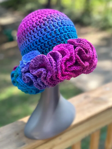 Crochet Ruffle Bucket <b>Hat</b> in Mermaid Colorful Checkered Design Made of Cotton Silk Yarn for Daily Party Outdoor Fishing Use - Product Image 3