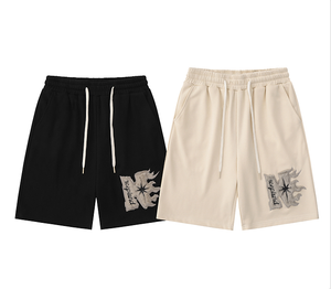 Pantalones cortos de sudor de lana de algodón 100% para hombre, cómodos, transpirables, elegantes, para entrenamiento y pantalones cortos informales, con bolsillos con cordón, patrón sólido - Product Image 1