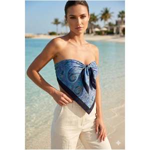 Women's Patterned Satin <b>Neck</b> <b>Scarf</b> Bandana 70x70 Blue Navy FLR2007 - FLR2007-blue - Product Image 2